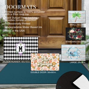 The image is a collage of various door mats, each with different designs and sizes. The text provides information about the door mats, including their printed surface, size, and materials. Small, standard, large, double door and floor runner.
