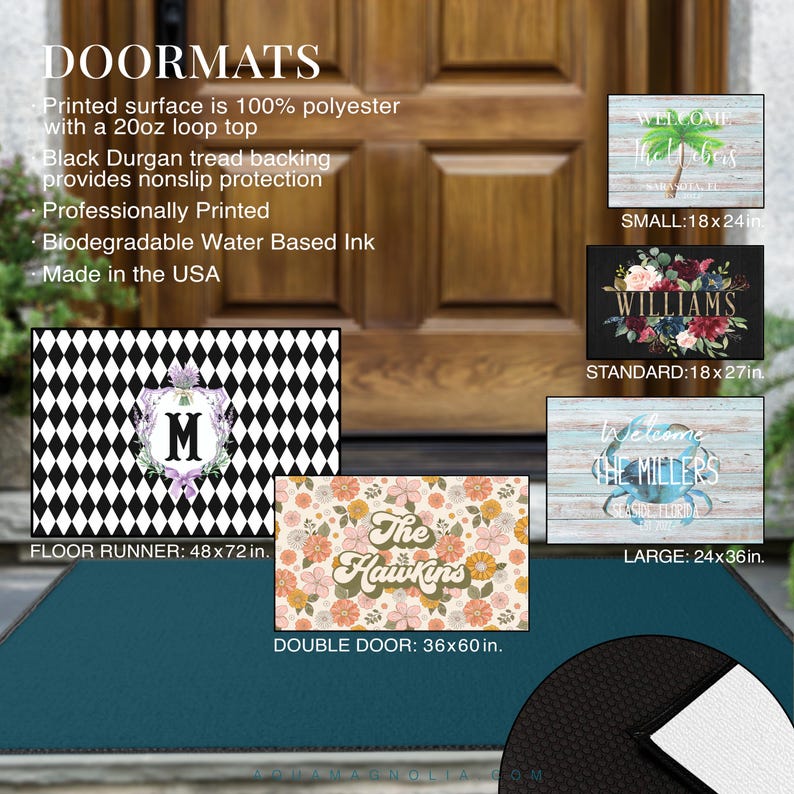 The image is a collage of various door mats, each with different designs and sizes. The text provides information about the door mats, including their printed surface, size, and materials. Small, standard, large, double door and floor runner.