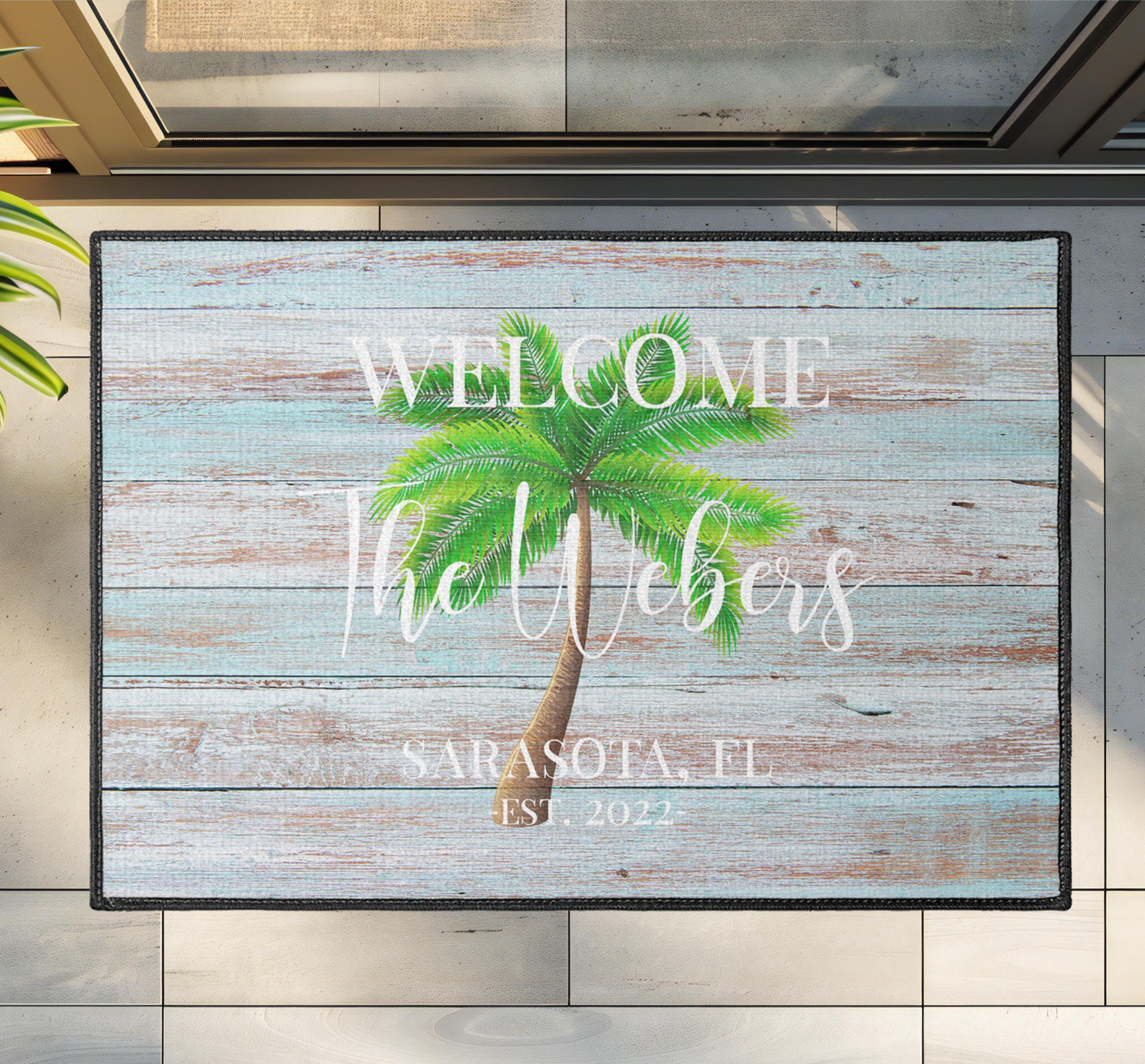 Palm Tree Door Mat, Personalized Beach House Entrance Rug, Coastal