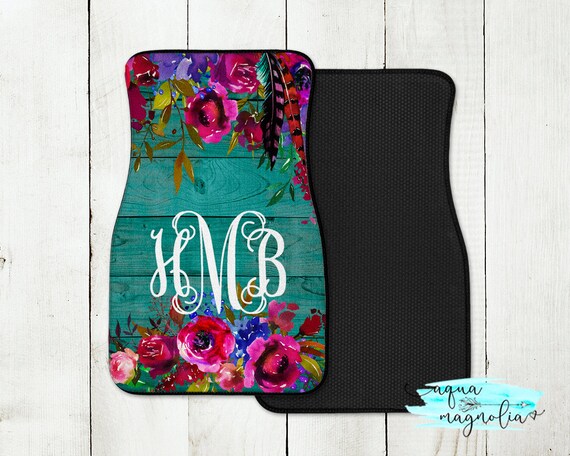 Monogrammed Hot Pink And Teal Floral Car Mats Personalized Etsy