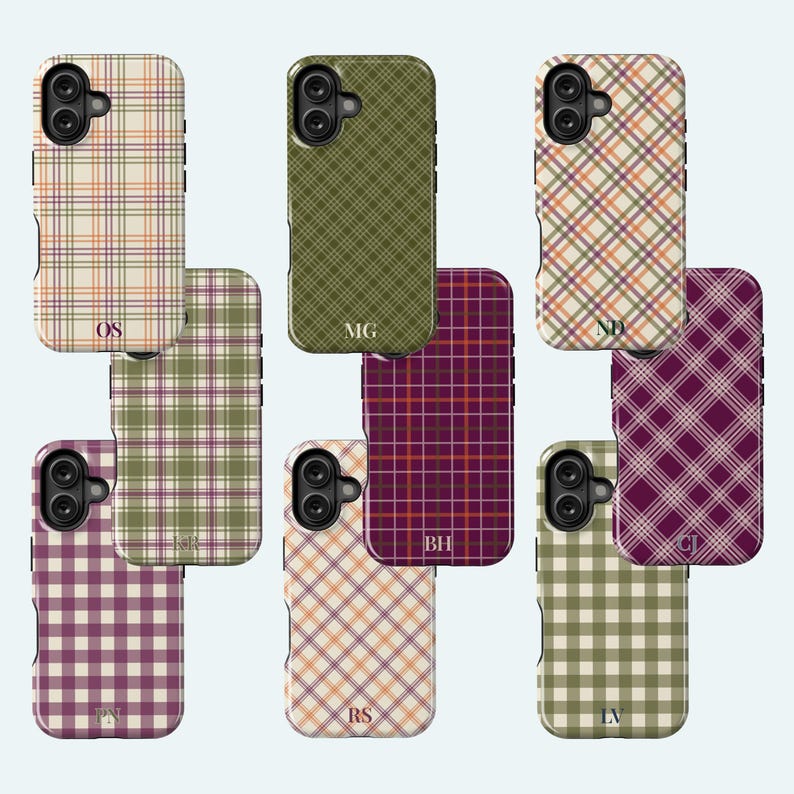 image of a collection of iPhone cases with 9 patterns to choose from; plaid, gingham tartan and checkered in warm colors olive, cream, plum, burgundy and harvest tones, personalized with a delicate name, monogram or initials. Available for the 17, 16, 15, 14, 13, 12 iPhone models. Clear, slim, tough and MagSafe case styles.