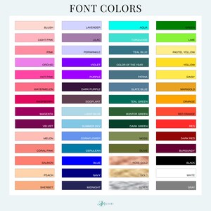 image of a font color chart with 56 options including color of the year transformative teal, patina blue, reds, oranges, yellows, greens, blues, purples, pinks, neutrals, and metallics.