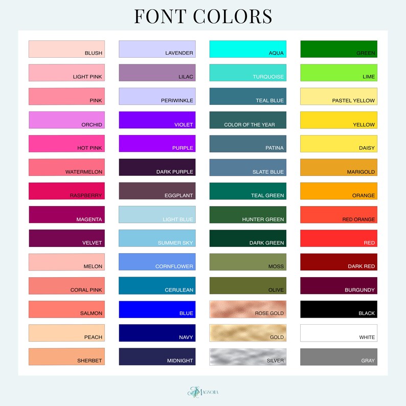 image of a font color chart with 56 options including color of the year transformative teal, patina blue, reds, oranges, yellows, greens, blues, purples, pinks, neutrals, and metallics.