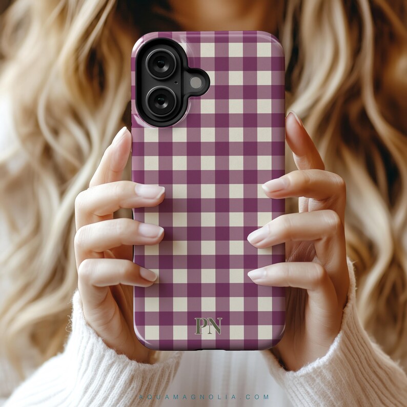 image of a iPhone case from a collection of 9 patterns to choose from; plaid, gingham tartan and checkered in warm colors olive, cream, plum, burgundy and harvest tones, personalized with a delicate name, monogram or initials. Available for the 17, 16, 15, 14, 13, 12 iPhone models. Clear, slim, tough and MagSafe case styles.