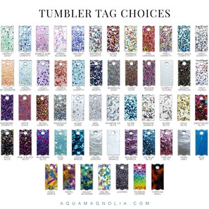 a collection of 55 colorful tumbler tags, each with a different design and color scheme including glitter, confetti, chunky glitter and more for the Stanley Quencher H2.0 FlowState