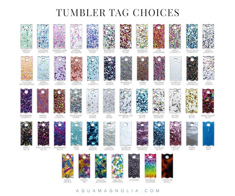a collection of 55 colorful tumbler tags, each with a different design and color scheme including glitter, confetti, chunky glitter and more for the Stanley Quencher H2.0 FlowState