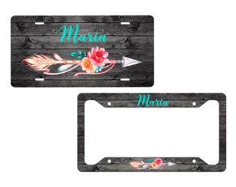Personalized Rustic Floral License Plate Frame - Custom Car Tag with Monogram - Arrow Design
