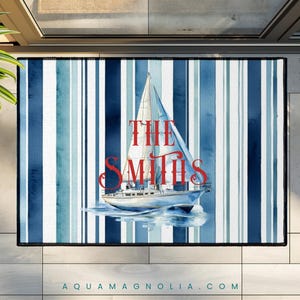 Personalized Nautical Doormat: Watercolor Sailboat, Navy Stripes