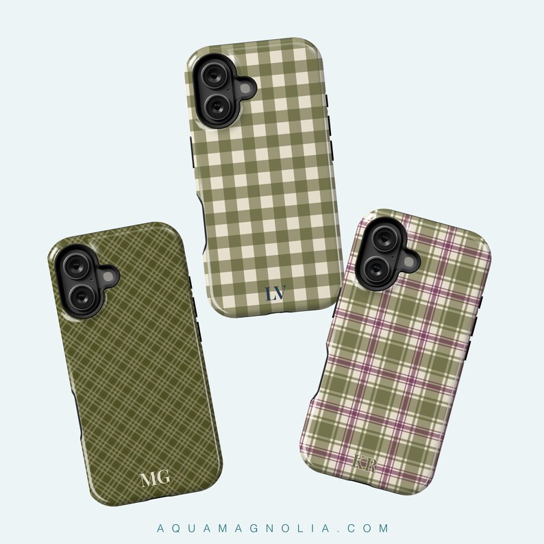 image of a 3 iPhone cases from a collection of 9 patterns to choose from; plaid, gingham tartan and checkered in warm colors olive, cream, plum, burgundy and harvest tones, personalized with a delicate name, monogram or initials. Available for the 17, 16, 15, 14, 13, 12 iPhone models. Clear, slim, tough and MagSafe case styles.