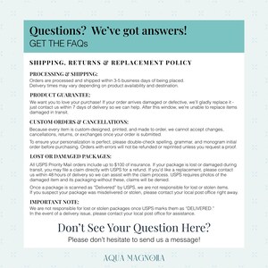 Aqua Magnolia FAQ graphic with details on shipping times, custom order policies, product guarantee, and lost or damaged package replacements for personalized gifts and home décor.