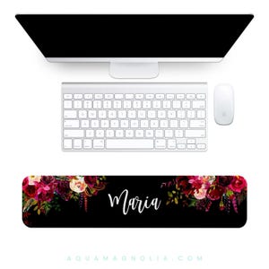Personalized Keyboard Wrist Rest - Pink and Burgundy Flowers - Custom Desk Accessory