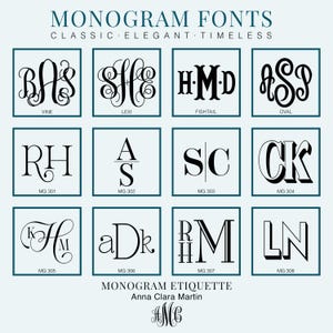 image of a collection of monogram fonts, each with its own unique design and style  showcasing a variety of monogramming techniques and lettering styles. The monogram fonts presented include script, vine, oval, modern, classic, elegant, and timeless styles from the brand Aqua Magnolia.