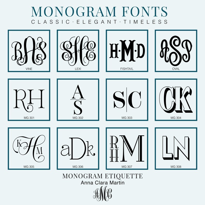 image of a collection of monogram fonts, each with its own unique design and style  showcasing a variety of monogramming techniques and lettering styles. The monogram fonts presented include script, vine, oval, modern, classic, elegant, and timeless styles from the brand Aqua Magnolia.