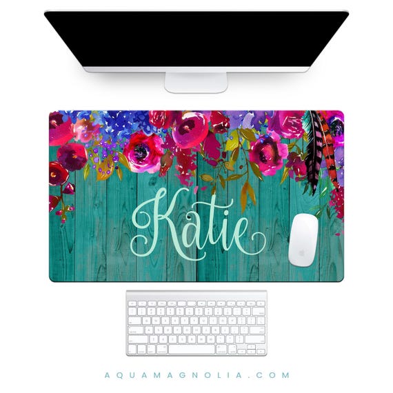 Green and Pink Floral Desk Pad: Personalized Keyboard Mat for Office, Teacher Gift