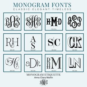 a collection of monogram fonts, each with its own unique design and style  showcasing a variety of monogramming techniques and lettering styles. The monogram fonts presented include script, vine, oval, modern, classic, elegant, and timeless styles from the brand Aqua Magnolia.