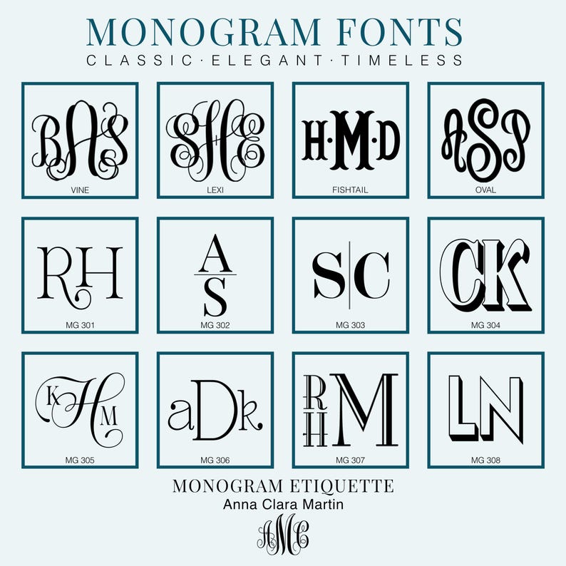 a collection of monogram fonts, each with its own unique design and style  showcasing a variety of monogramming techniques and lettering styles. The monogram fonts presented include script, vine, oval, modern, classic, elegant, and timeless styles from the brand Aqua Magnolia.