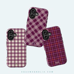 image of a 3 iPhone cases from a collection of 9 patterns to choose from; plaid, gingham tartan and checkered in warm colors olive, cream, plum, burgundy and harvest tones, personalized with a delicate name, monogram or initials. Available for the 17, 16, 15, 14, 13, 12 iPhone models. Clear, slim, tough and MagSafe case styles.