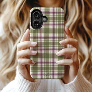 image of a iPhone case from a collection of 9 patterns to choose from; plaid, gingham tartan and checkered in warm colors olive, cream, plum, burgundy and harvest tones, personalized with a delicate name, monogram or initials. Available for the 17, 16, 15, 14, 13, 12 iPhone models. Clear, slim, tough and MagSafe case styles.
