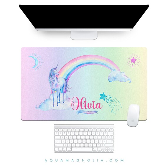 Pastel Rainbow Unicorn Desk Pad, Personalized Whimsical Surface Protector for Workspace