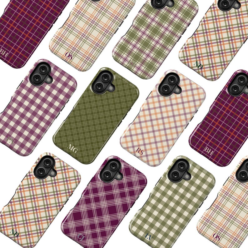 image of a collection of iPhone cases with 9 patterns to choose from; plaid, gingham tartan and checkered in warm colors olive, cream, plum, burgundy and harvest tones, personalized with a delicate name, monogram or initials. Available for the 17, 16, 15, 14, 13, 12 iPhone models. Clear, slim, tough and MagSafe case styles.