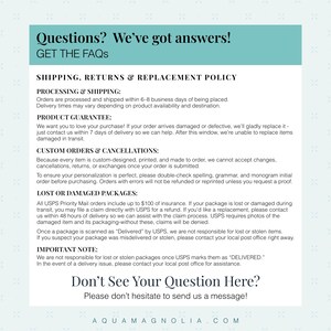 Aqua Magnolia FAQ graphic with details on shipping times, custom order policies, product guarantee, and lost or damaged package replacements for personalized gifts and home décor.
