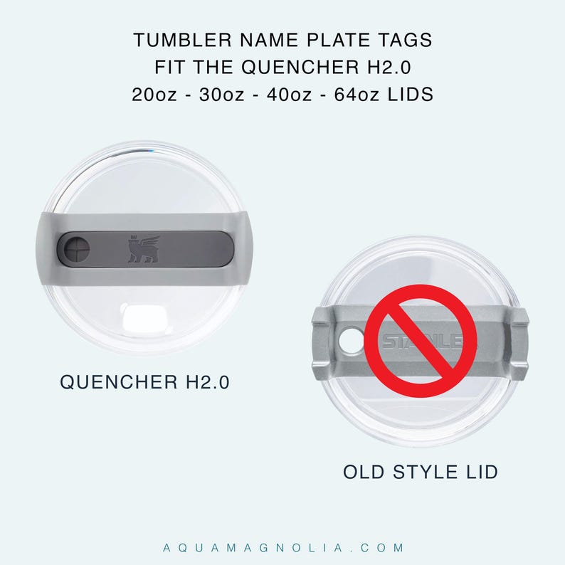 the correct lid for the Stanley Quencher H2.0 FlowState tumbler lids: a Quencher H2.0 Old Style lid. The Quencher H2.0 lid is gray, while the Old Style lid is clear and has a red "no" symbol on it.
