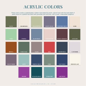 image of matte acrylic color options - dusty maroon, nude blush, champagne, beige, eucalyptus, tangerine, taupe, fern, artic blue, sienna, olive, peacock blue, turquoise, denim blue, orchid, purple, avocado, wisteria, navy blue