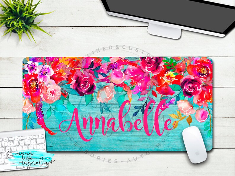 Personalized Hot Pink And Aqua Floral Desk Pad Monogrammed Etsy