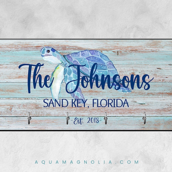 Personalized Beach House Key Holder with a Sea Turtle, Beach Key Hanger, Custom Key Ring Holder