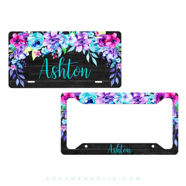 Personalized Floral Car Tag in Purple and Aqua - Monogram License Plate Custom License Plate Frame