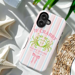 Coquette Pink Stripes iPhone Case, 12-17 Clear, Slim and Tough MagSafe, Summer Beach Crab