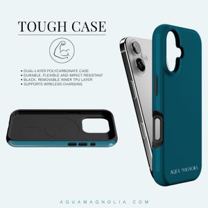 Specs for a Tough protective iPhone case—white polycarbonate shell with removable black TPU liner; durable, impact-resistant dual-layer design; supports wireless charging.