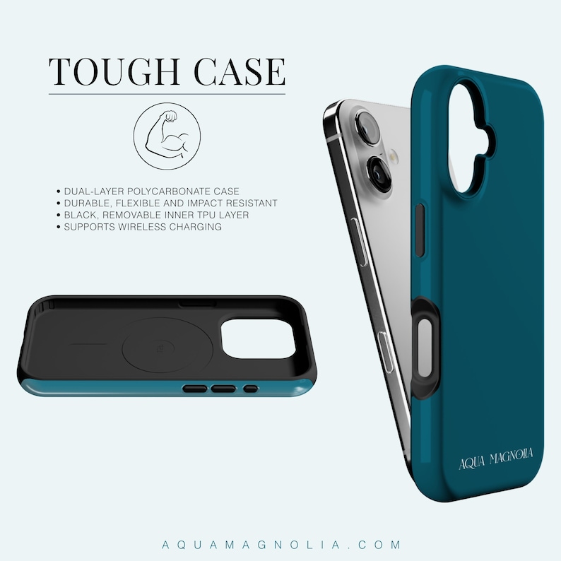 Specs for a Tough protective iPhone case—white polycarbonate shell with removable black TPU liner; durable, impact-resistant dual-layer design; supports wireless charging.