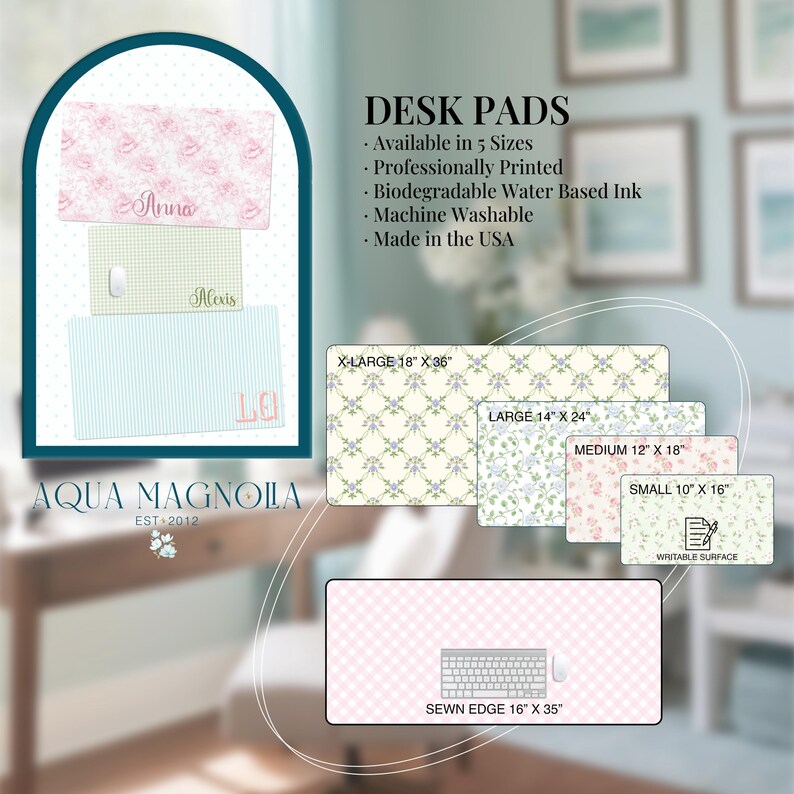 image of Personalized desk pads from the brand Aqua Magnolia, featuring five sizes. Small, medium, large, x-large and xx-large with a sewn edge