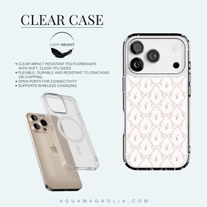 Specs for a Clear protective iPhone case with soft TPU sides and impact-resistant polycarbonate back; lightweight, open ports, wireless-charging friendly.