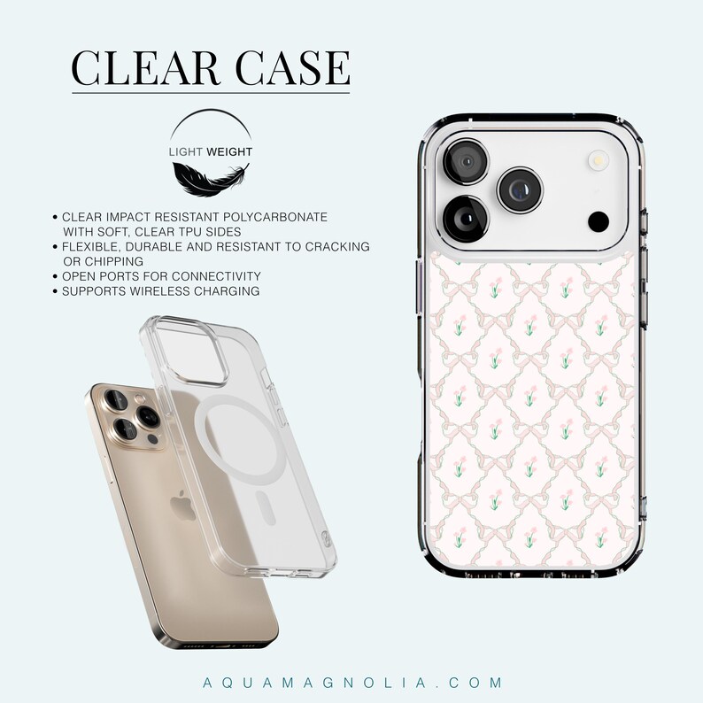 Specs for a Clear protective iPhone case with soft TPU sides and impact-resistant polycarbonate back; lightweight, open ports, wireless-charging friendly.