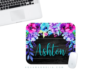 Custom Monogrammed Mouse Pad - Purple and Aqua Desk Accessory for Coworker or Work from Home - Personalized Office Gift