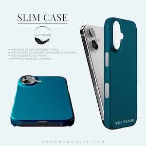 Specs for a Slim lightweight iPhone case; high-quality polycarbonate shell, scratch and crack resistant with precise port and camera cutouts; wireless-charging friendly.