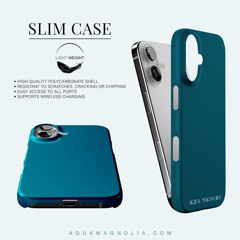 Specs for a Slim lightweight iPhone case; high-quality polycarbonate shell, scratch and crack resistant with precise port and camera cutouts; wireless-charging friendly.