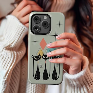 Atomic Cat Trio iPhone Case, Mid Century Modern, 12-17, Clear, Slim, Tough, MagSafe