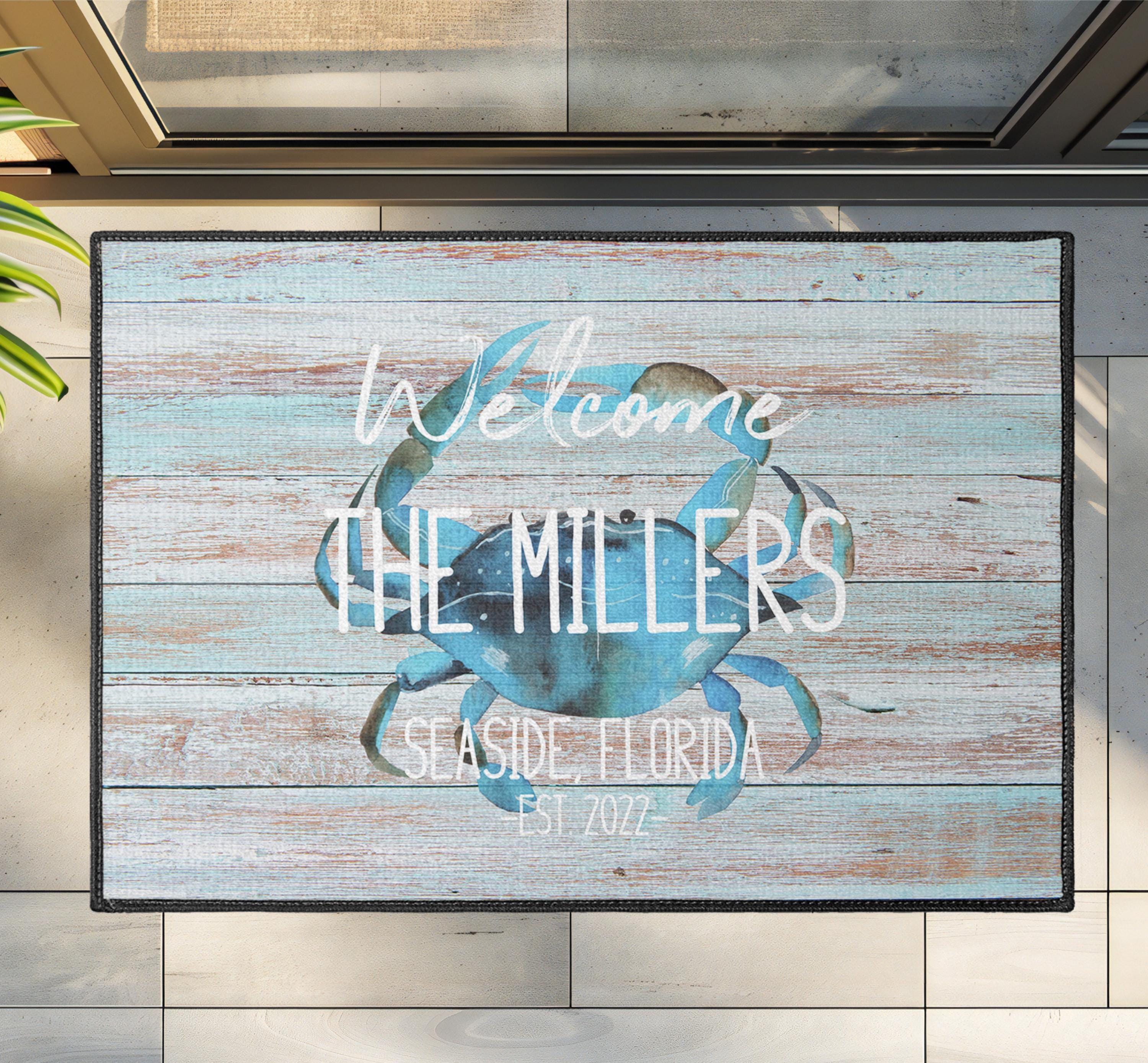 Blue Beach Crab Personalized Entrance Mat, Coastal Nautical Welcome Rug ...