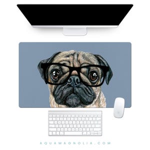 Pug Desk Pad with Glasses: Dog Lover Gift, Keyboard Mat
