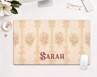 Personalized Vintage Rococo Roses Desk Pad, Large Keyboard Mat, Home Office Decor