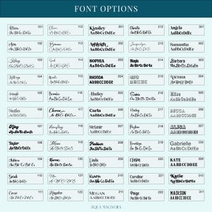 Customization chart showing 55 available font options including script, modern, minimalist, block, handwritten, retro, decorative and vintage styles. Each font is labeled with a name and number for easy selection.