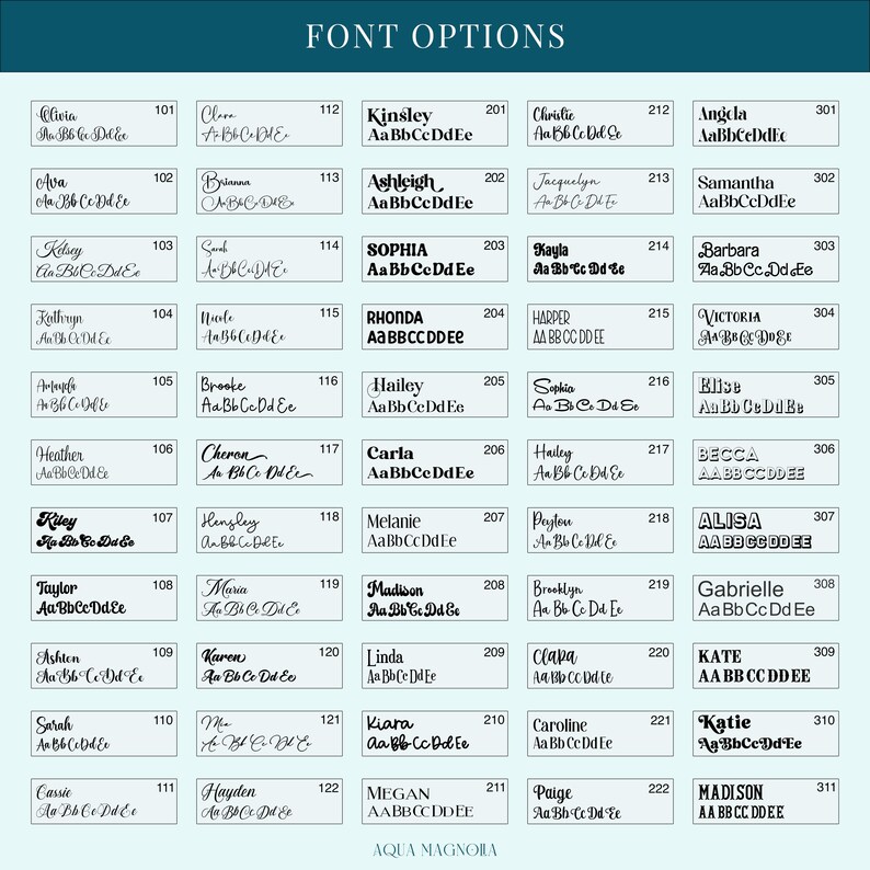 Customization chart showing 55 available font options including script, modern, minimalist, block, handwritten, retro, decorative and vintage styles. Each font is labeled with a name and number for easy selection.