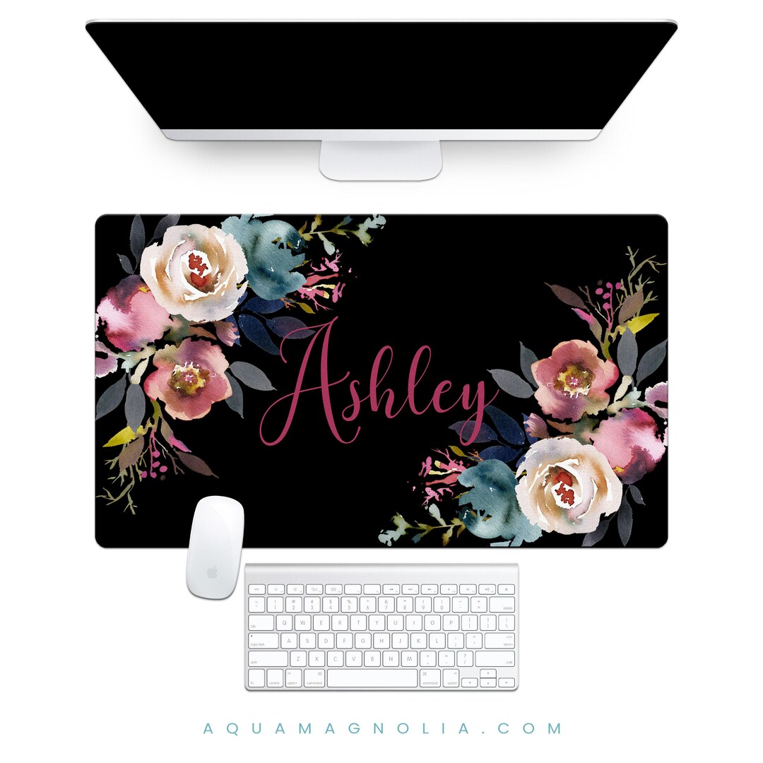 Personalized Desk Pad - Elegant Floral Black Desk Mat - Custom Name ...