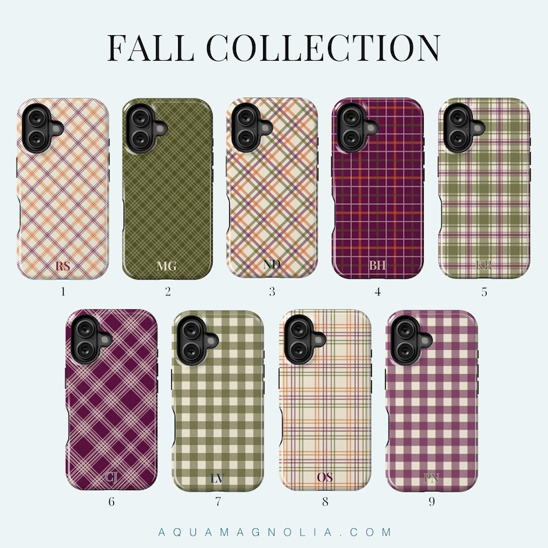 image of a collection of iPhone cases with 9 patterns to choose from; plaid, gingham tartan and checkered in warm colors olive, cream, plum, burgundy and harvest tones, personalized with a delicate name, monogram or initials. Available for the 17, 16, 15, 14, 13, 12 iPhone models. Clear, slim, tough and MagSafe case styles.