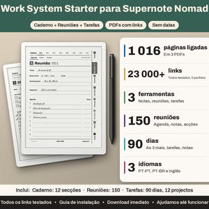 May include: A digital work system starter for Supernote Nomad featuring two white tablets displaying meeting notes and task lists, a black stylus, and a white information card listing 1,016 linked pages, 23,000+ links, 3 tools, 150 meetings, 90 days, and 3 languages.