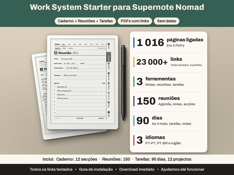 May include: A digital work system starter for Supernote Nomad featuring two white tablets displaying meeting notes and task lists, a black stylus, and a white information card listing 1,016 linked pages, 23,000+ links, 3 tools, 150 meetings, 90 days, and 3 languages.