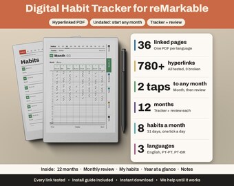 reMarkable Paper Pro, Paper Pure & rM2 Gewohnheitstracker | Hyperlinks, undatiert | Monatlich